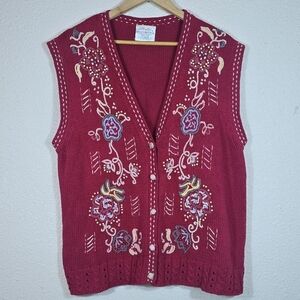 Vintage Susan Bristol Red Chunky Granny Knit Sz XL Embroidered Sweater Vest